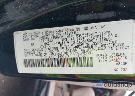 2004 Toyota Tundra Ltd V8 from USA, damaged, VIN 5TBBT48174S453886